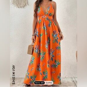 NWT SHEIN Vibrant Orange Floral Maxi Dress